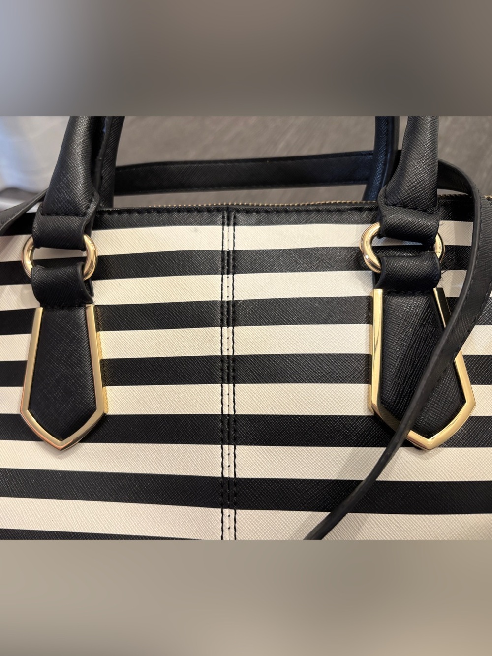 Aldo Black and White Striped Satchel with Gold Accents - Picture 3 of 12